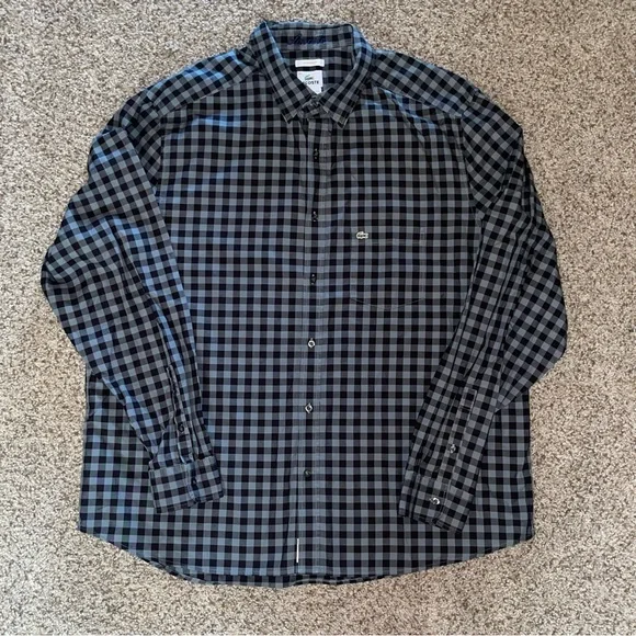 Lacoste Shirt Mens 46 Gray Check Modern Fit Long Sleeve Button Down Gray Black - Picture 1 of 9